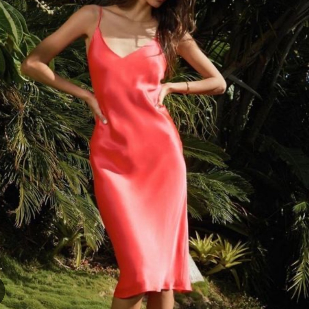 L'AGENCE 100% SILK V-Neck Midi Slip Dress in Coral Pink